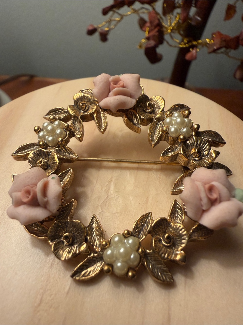 1928  Gold Floral Wreath Brooch with Pink Porcelain Roses and Pearl Cluster